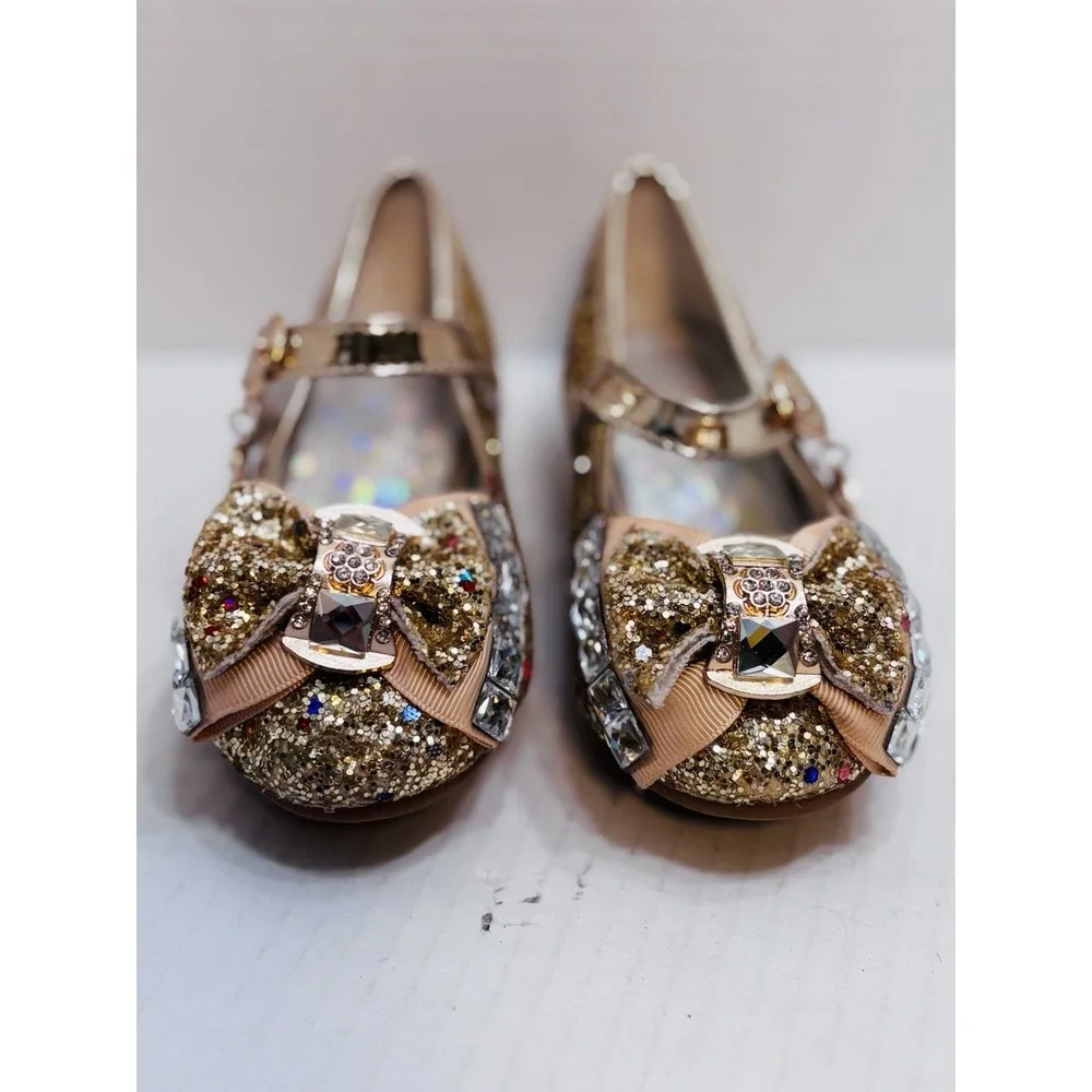 Wal-Fou Girls Gold Glitter Mary Jane Dress‎ Shoes Rhinestone Bow Size 7 Kids